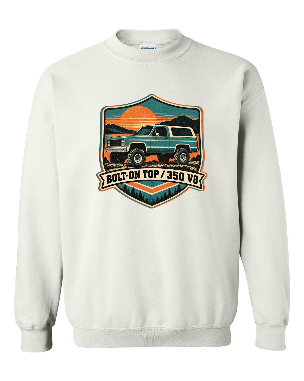 Risograph-style sunset print of a 1973-91 Chevrolet K5 Blazer with BOLT-ON TOP and 350 V8 text white crewneck front view with the design