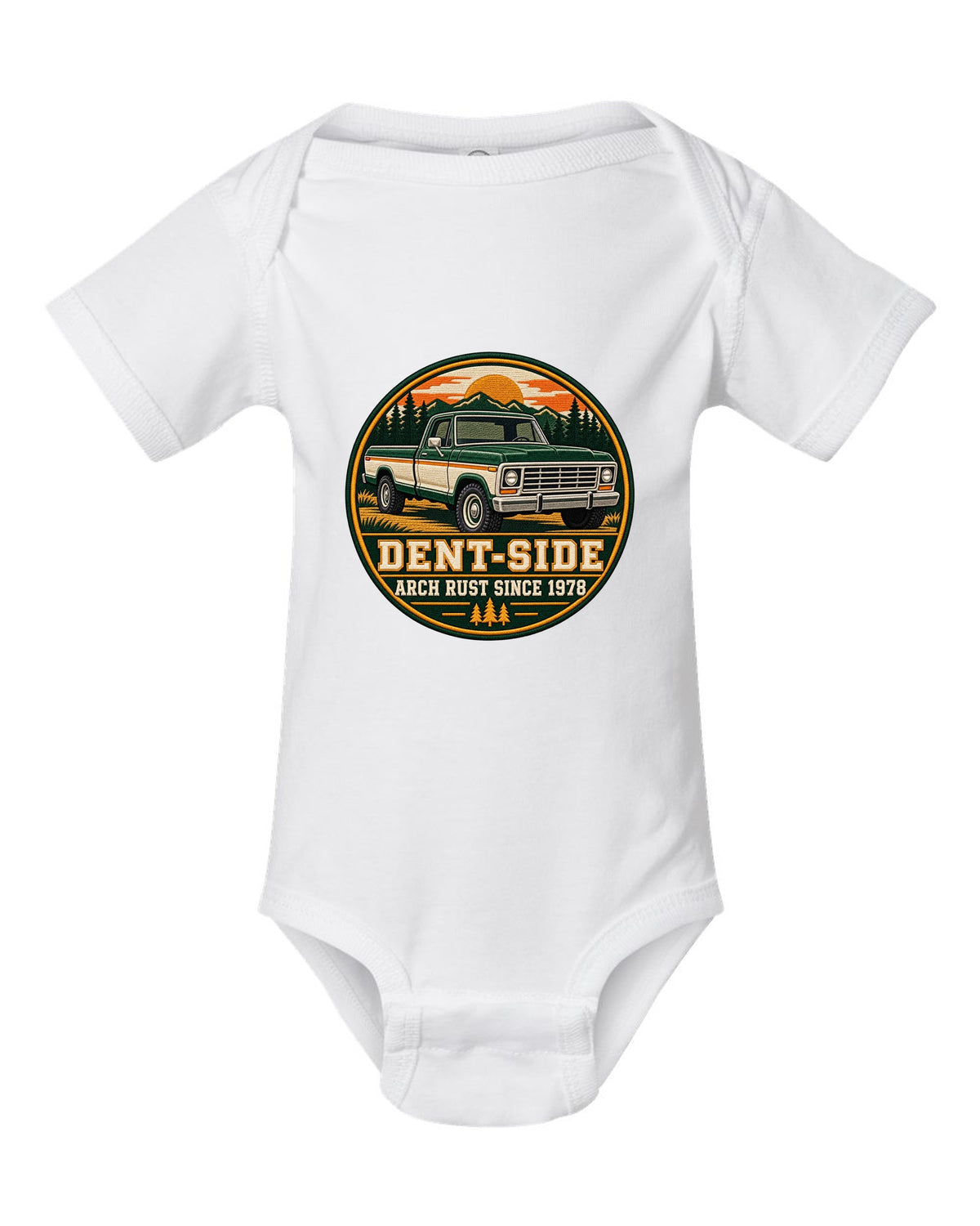 Dent-Side Ford F-150 1973-79 Varsity Crest Graphic Tee white baby onesie front view with the design