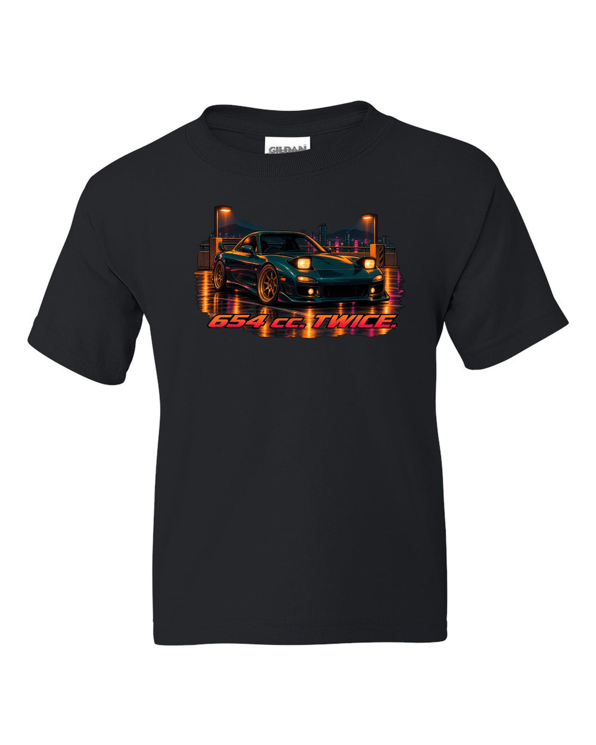 16-bit pixel art Mazda MX-5 NB roadster driving an open road black kids tee front view with the design