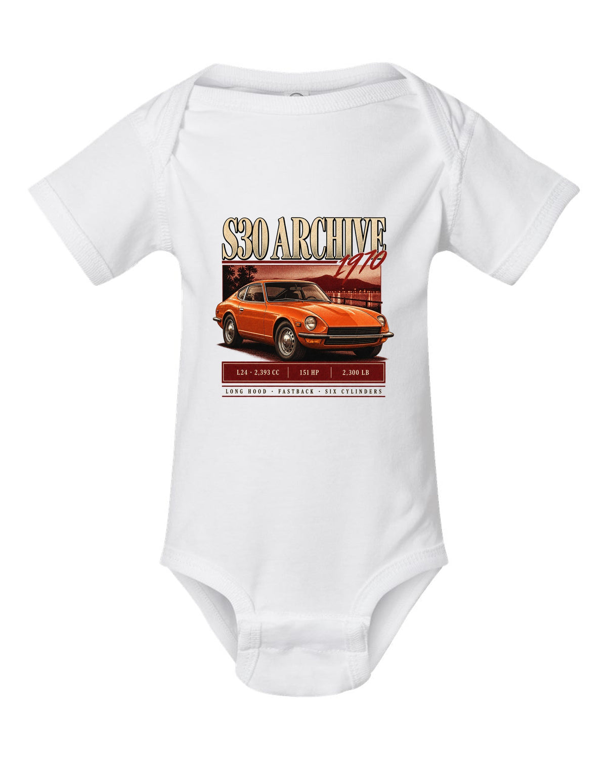 Archive panel print of a 1970 Datsun 240Z S30 with L24 engine figures white baby onesie front view with the design