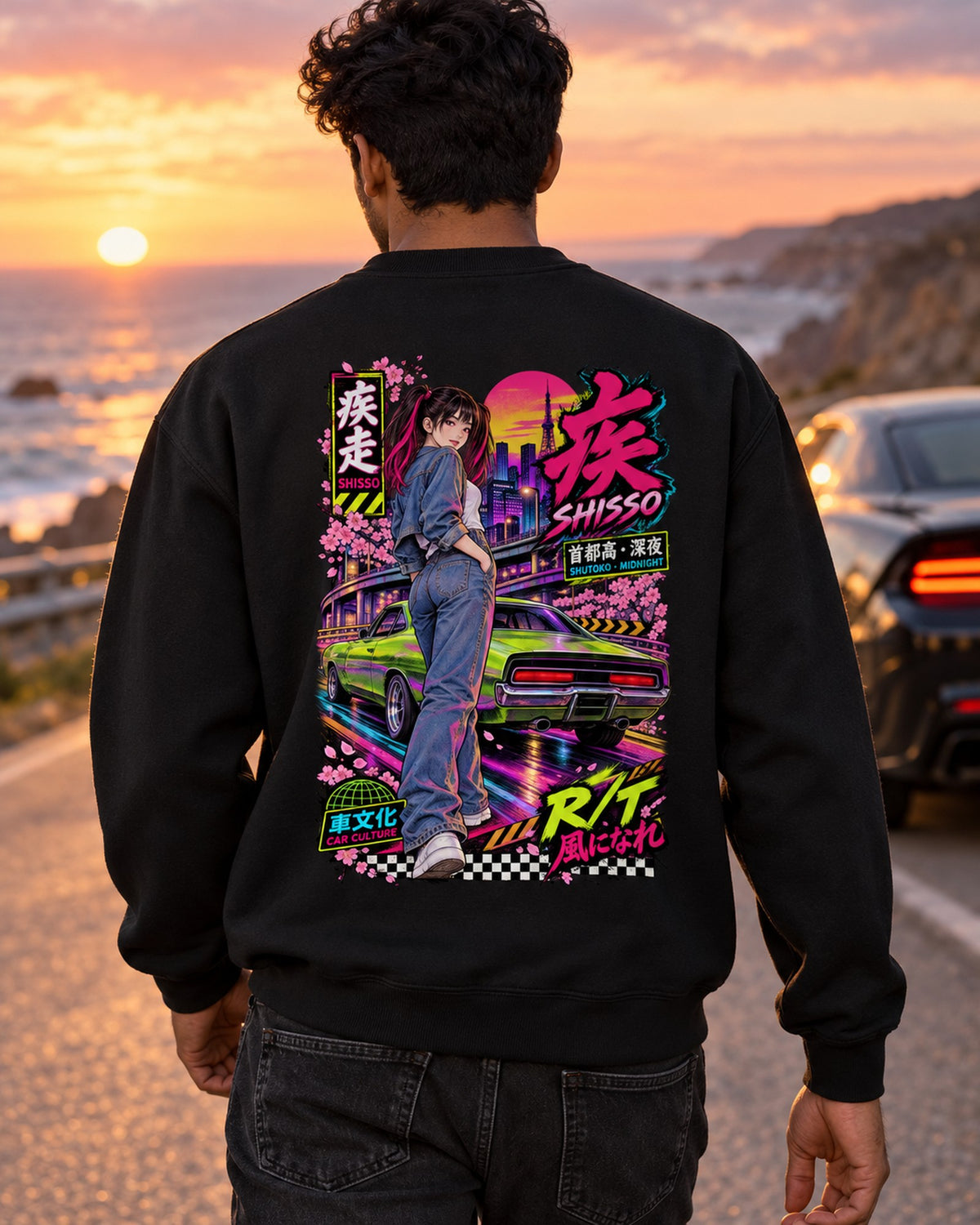 SHISSO R/T Anime Girl Full-Back Graphic Tee Crewneck Black worn hero