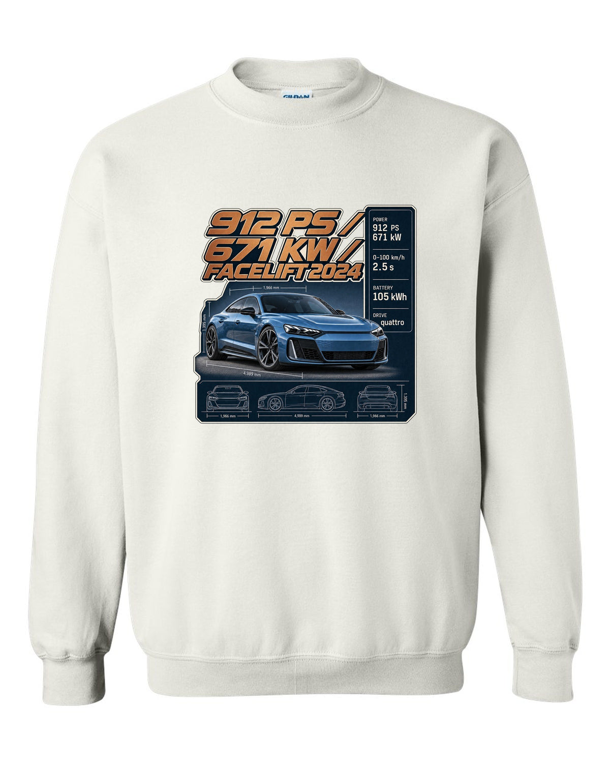 Audi RS e-tron GT performance facelift spec poster print design white crewneck front view with the design