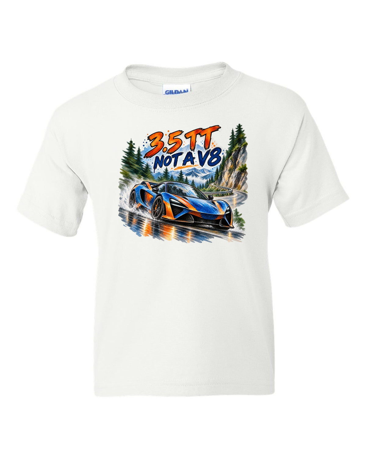 Ford GT 2017-2022 on a hairpin in a watercolour wash print white kids tee front view with the design