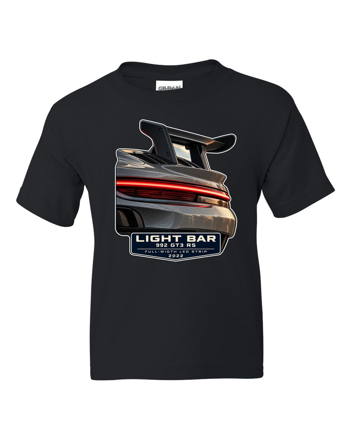 Porsche 992 GT3 RS taillight macro light bar print design black kids tee front view with the design