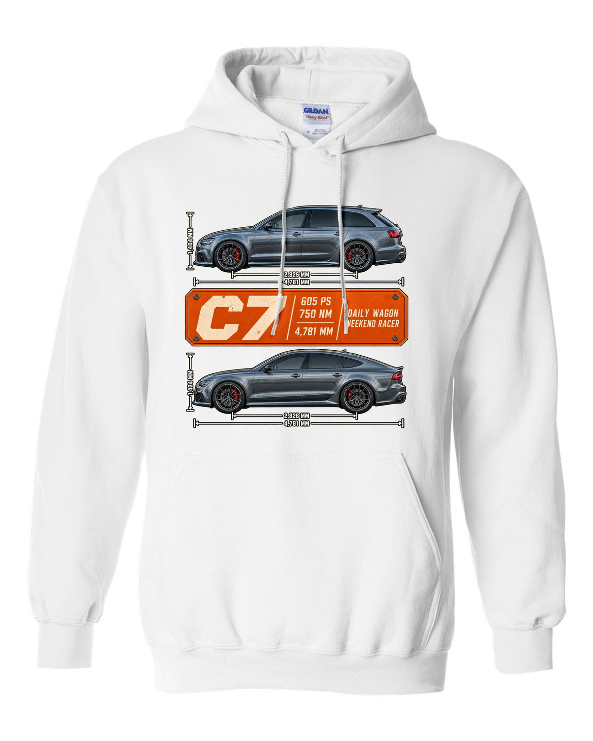 Audi RS4 Avant B9 spec poster print with 450 PS and 600 Nm white pull over hoodie front view with the design