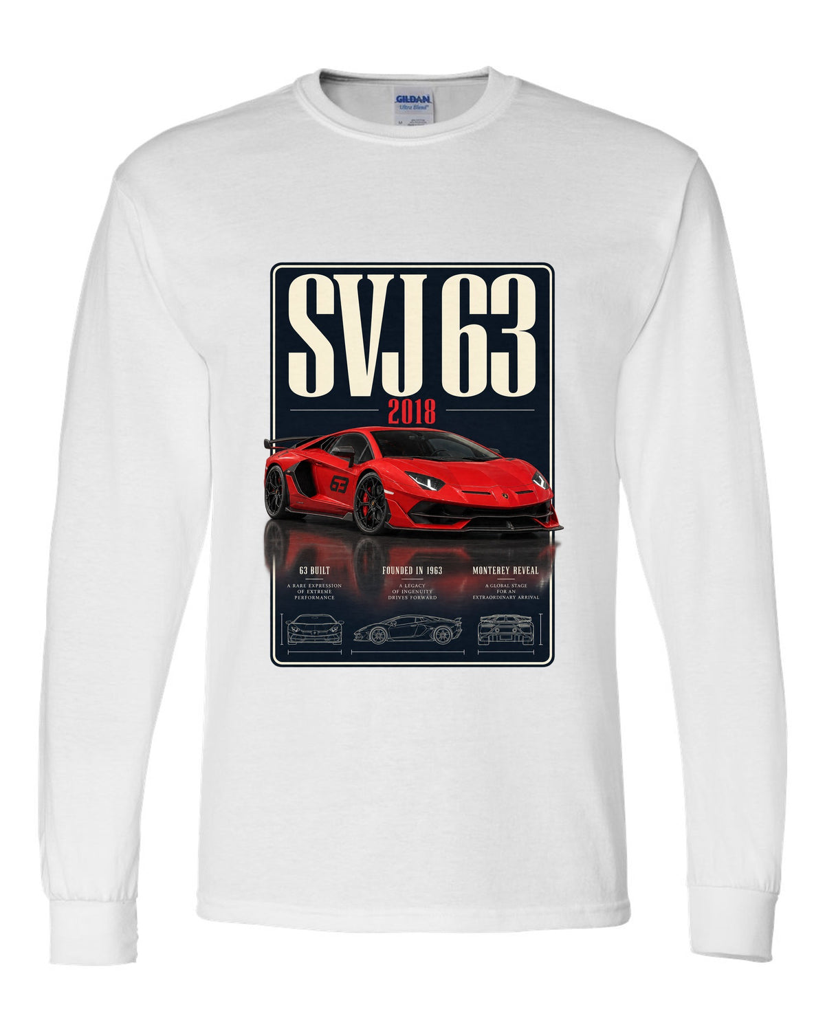 Archive panel print of the Lamborghini Aventador SVJ 63 limited edition white long sleeve front view with the design