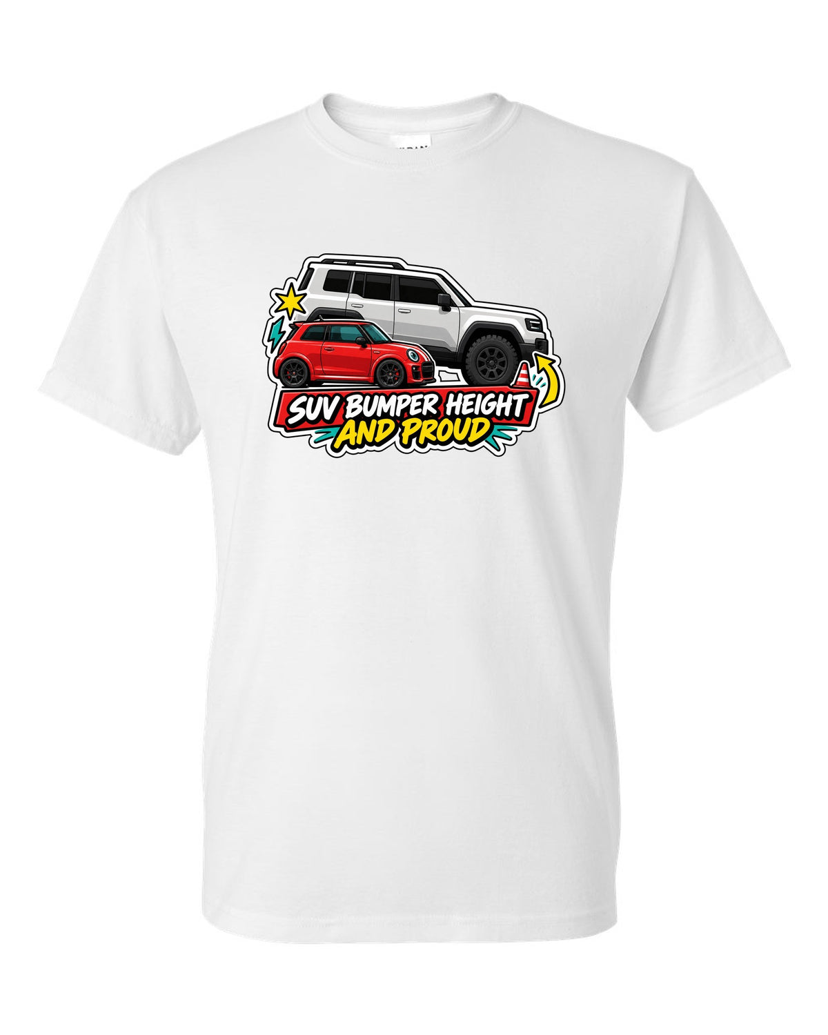 Sticker-bomb collage of a Fiat 500 Abarth with SUV bumper height joke white t-shirt front view with the design