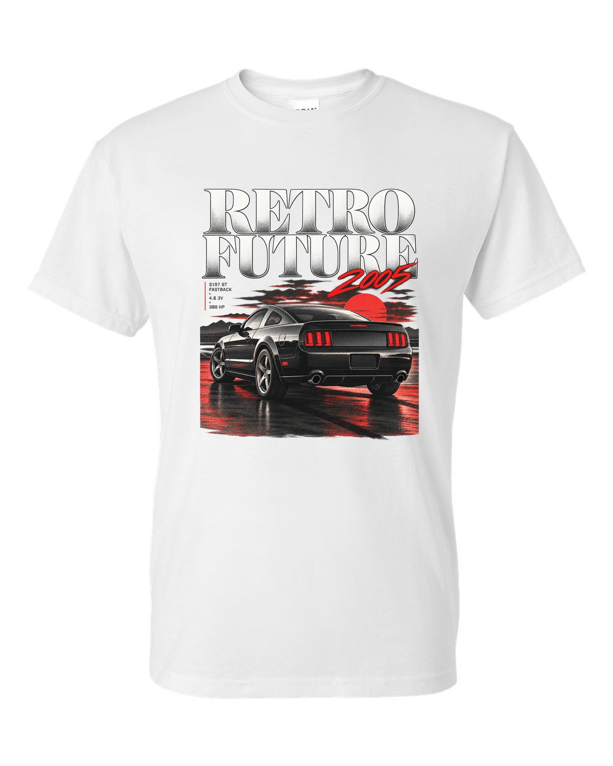 Editorial headline print of a 2005-09 Ford Mustang S197 GT fastback white t-shirt front view with the design
