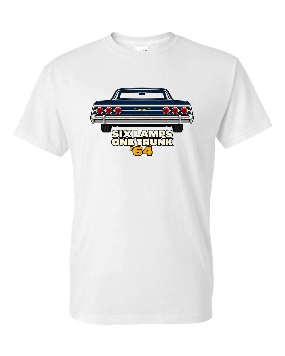 1964 Chevrolet Impala rear in minimal geometric vector style with text Six Lamps One Trunk '64 white t-shirt front view with the design