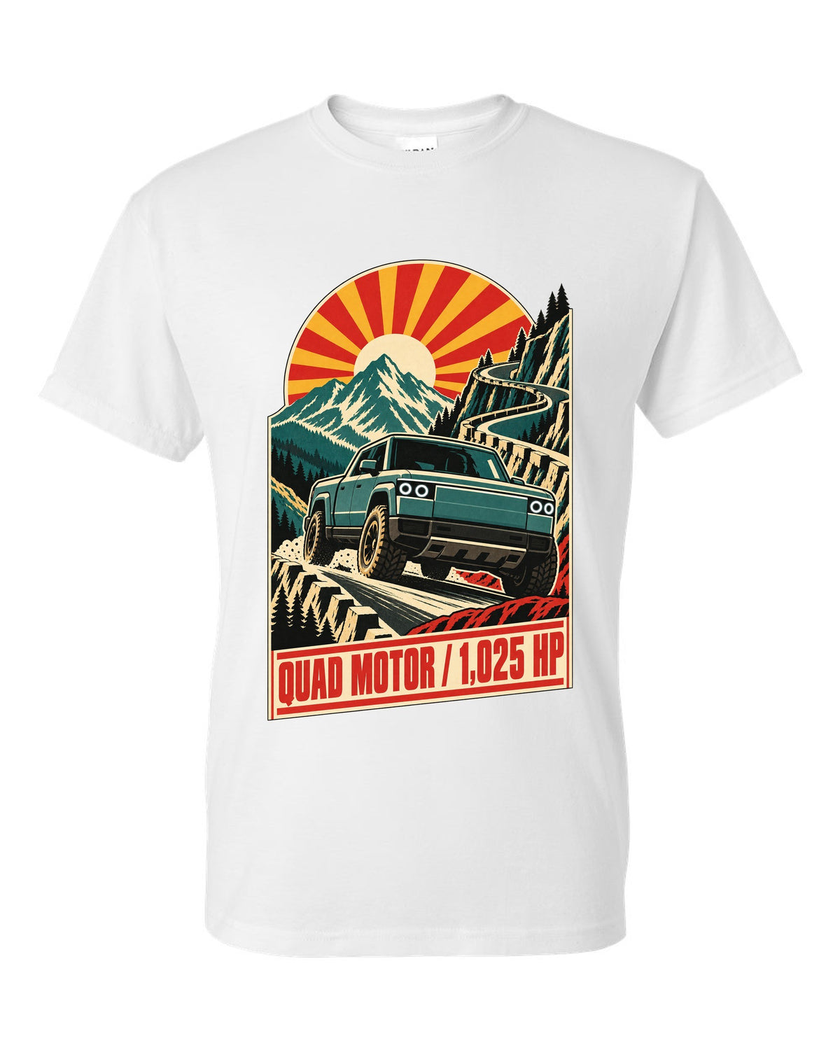 1960s lithographed vintage race poster print of a Rivian R1T reading Quad Motor 1,025 HP white t-shirt front view with the design