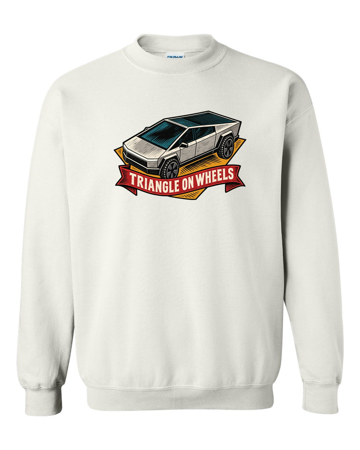 Bold linocut woodblock print of a 2023 Tesla Cybertruck with the words Triangle on Wheels white crewneck front view with the design