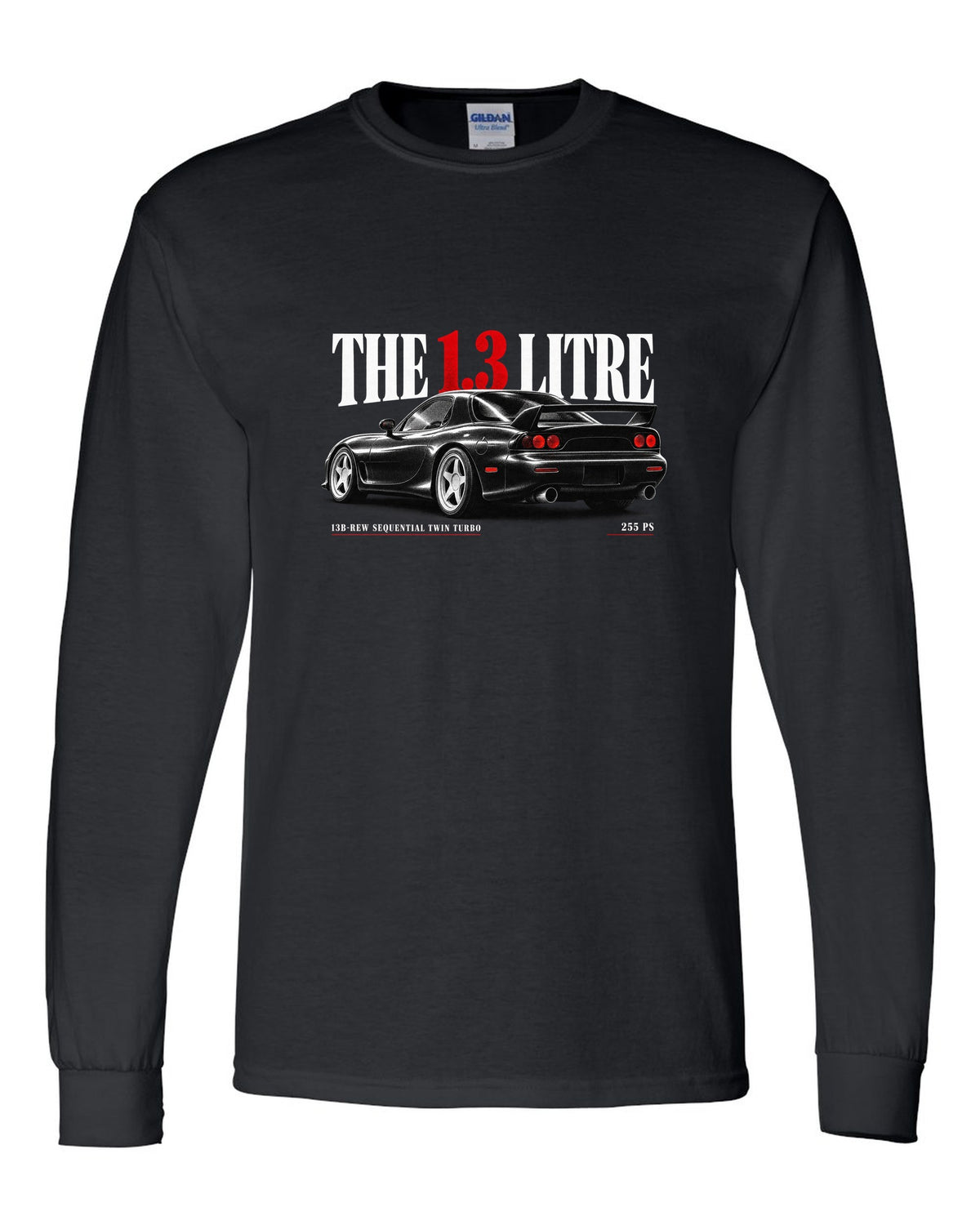 Editorial headline print for the 1992 Mazda RX-7 FD3S with 13B-REW sequential twin turbo and 255 PS black long sleeve front view with the design