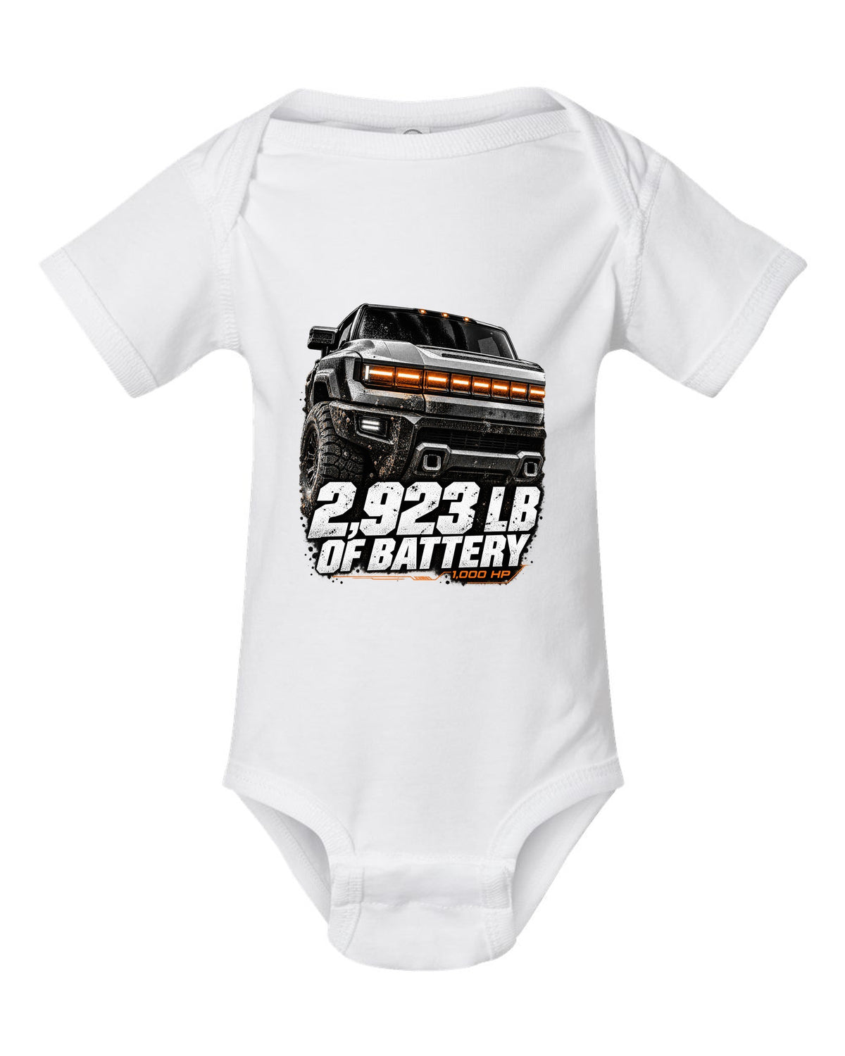 GMC Hummer EV pickup lit front panel macro with battery weight text white baby onesie front view with the design
