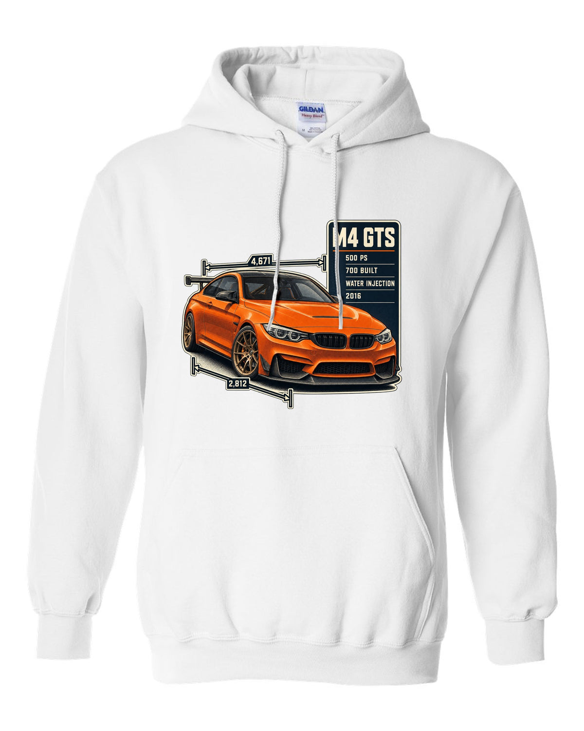 BMW M4 GTS F82 spec poster print design white pull over hoodie front view with the design