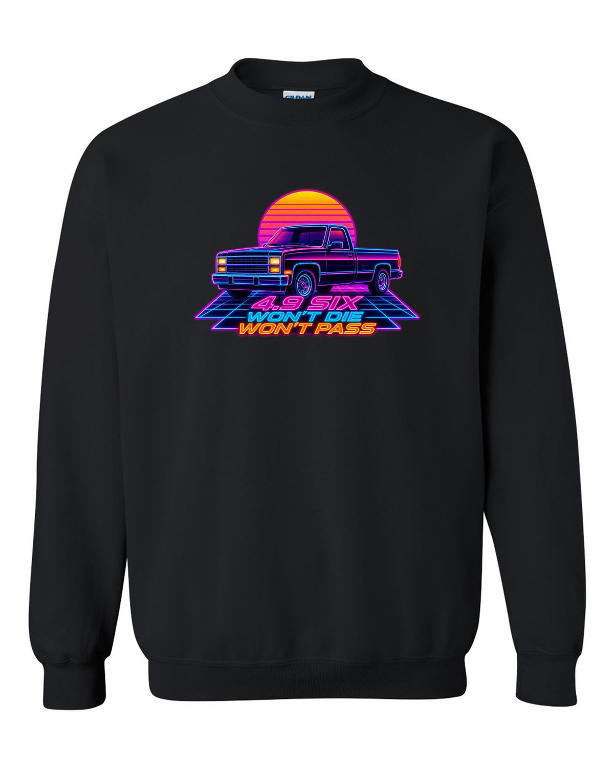 Synthwave neon art of a 1987-91 Ford F-150 Brick-Nose in drive-in rain with 4.9 SIX lettering black crewneck front view with the design