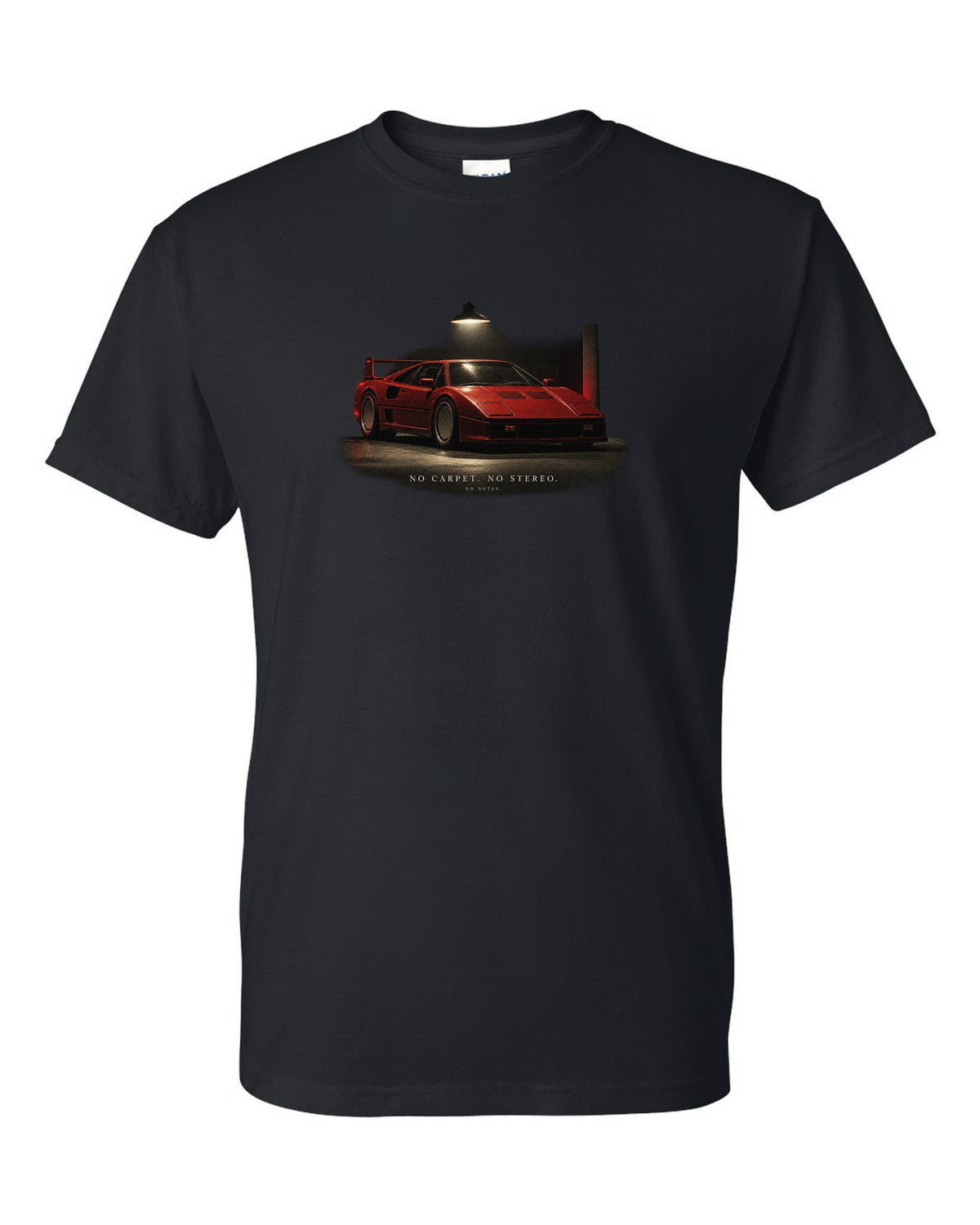 Ferrari F40 1987 front three-quarter at night, print: no carpet, no stereo, no notes black t-shirt front view with the design