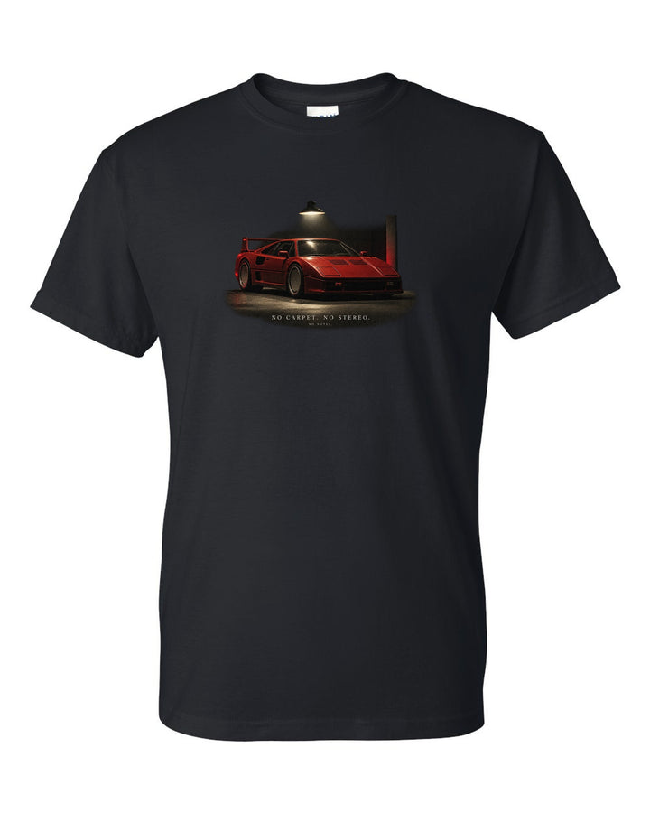 Ferrari F40 1987 front three-quarter at night, print: no carpet, no stereo, no notes black t-shirt front view with the design