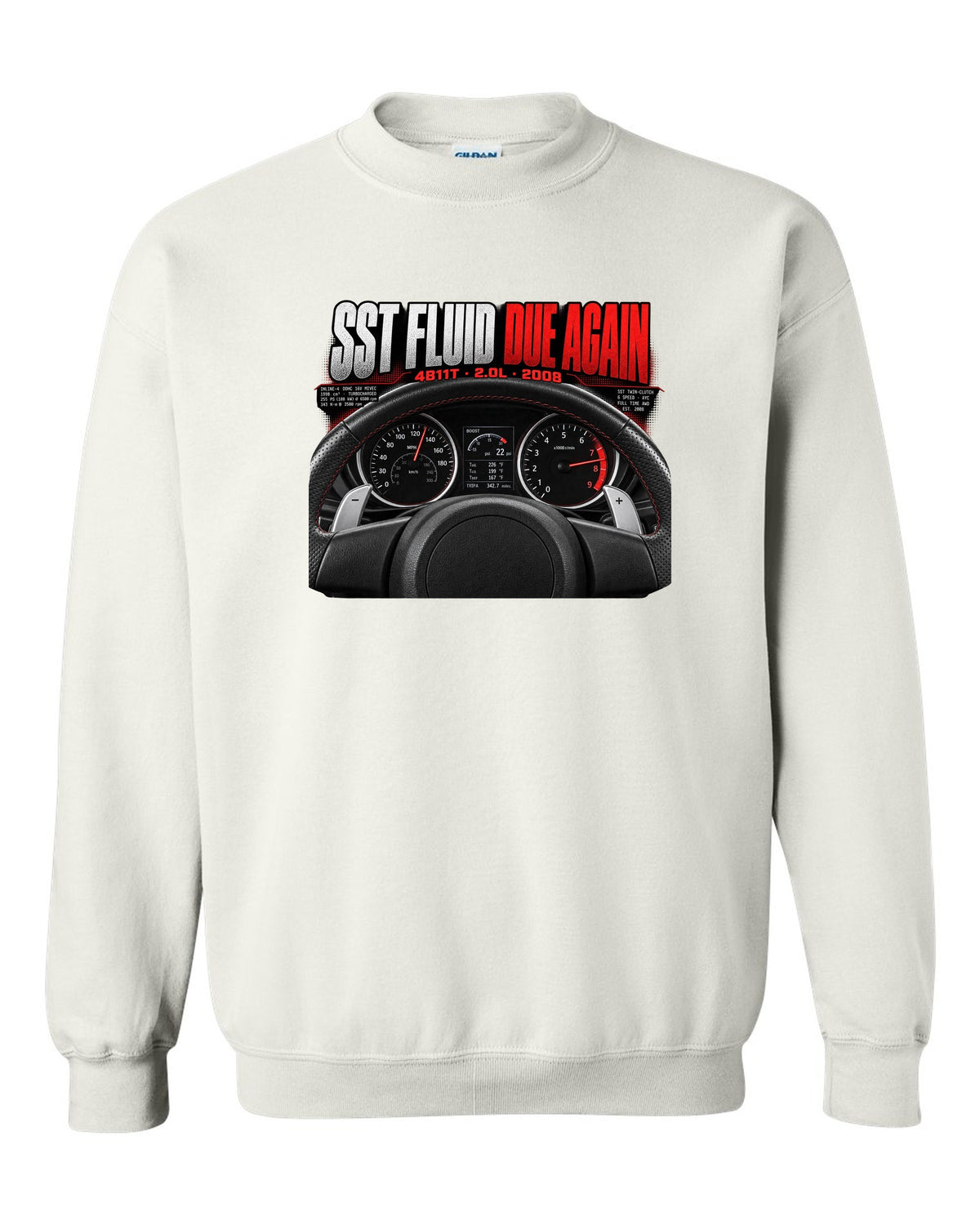 Mitsubishi Lancer Evolution X cockpit gauge print with SST fluid reminder text white crewneck front view with the design