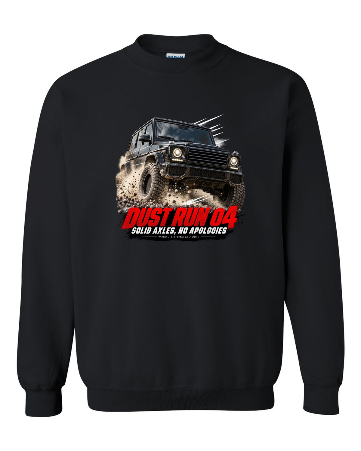 Race poster print of a Mercedes G63 AMG W463 with Dust Run 04 Solid Axles lettering black crewneck front view with the design