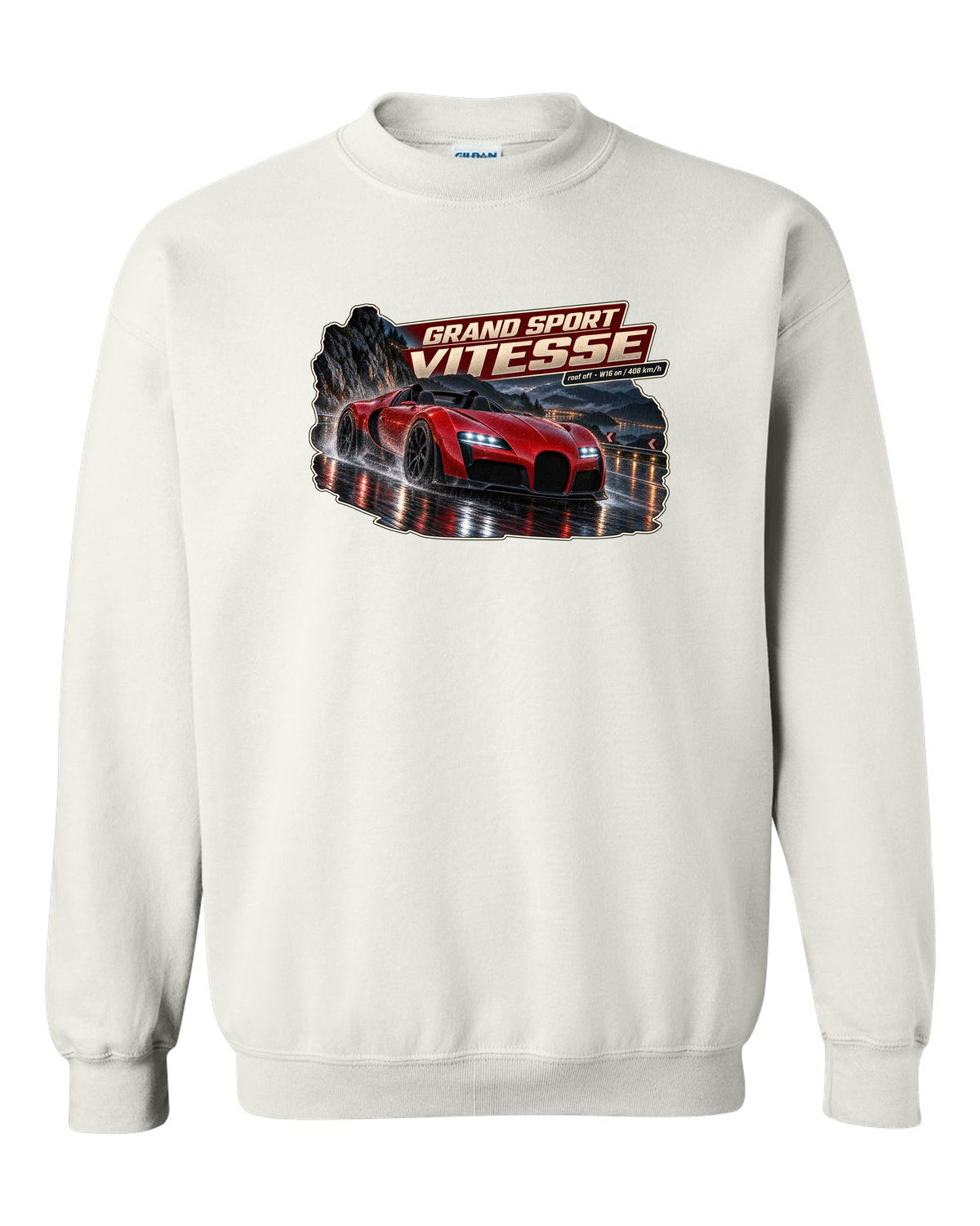 Night street poster of a Bugatti Veyron Grand Sport Vitesse with the roof off, print white crewneck front view with the design