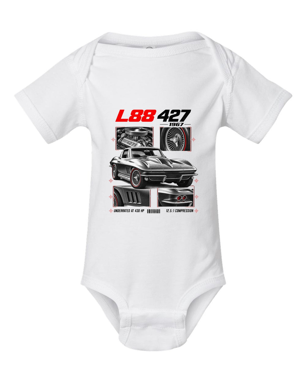 Chevrolet Corvette C2 Sting Ray 1967 L88 427 dossier print white baby onesie front view with the design