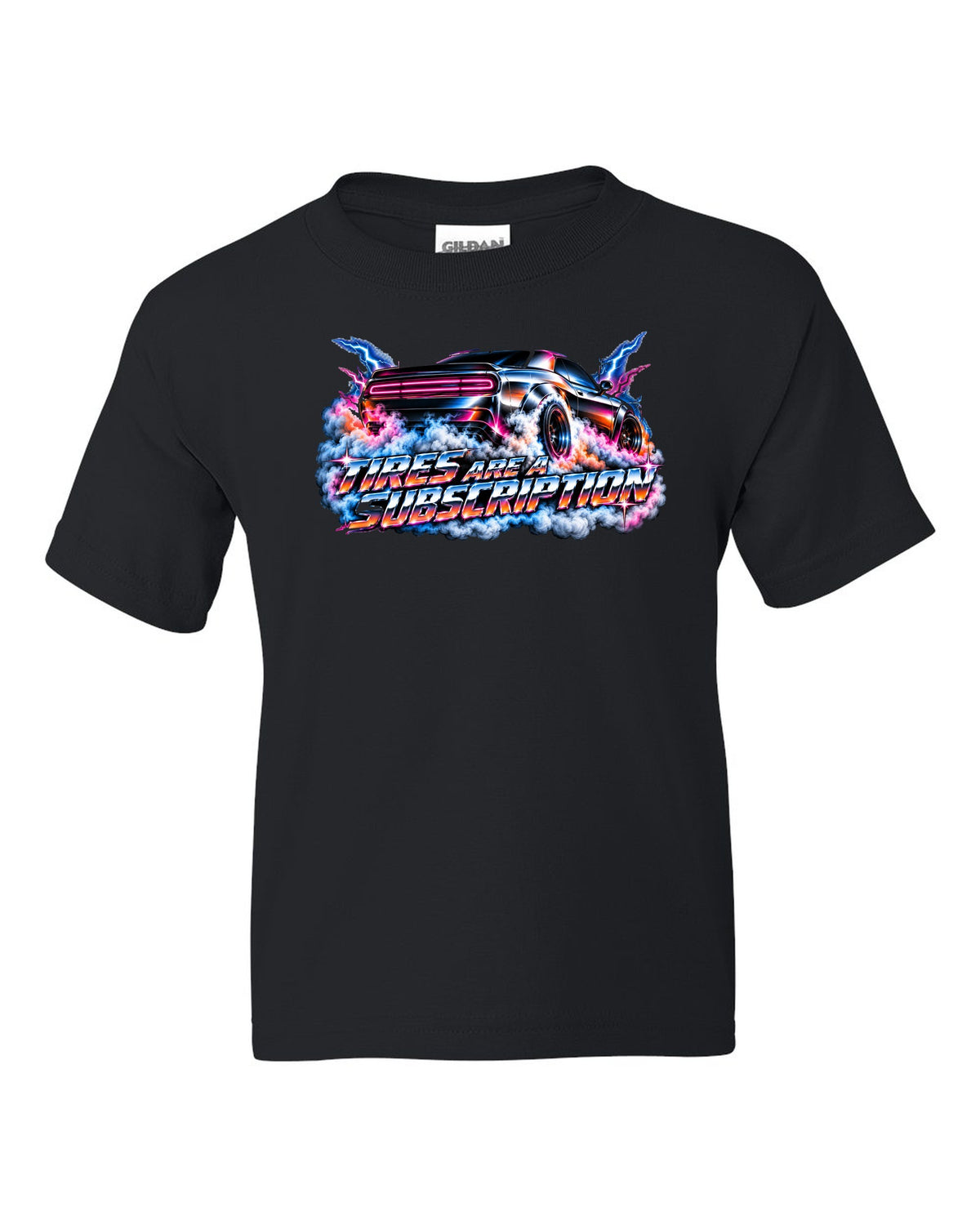 80s airbrush chrome illustration of a 2020 Dodge Challenger Scat Pack 392 Widebody doing a burnout black kids tee front view with the design