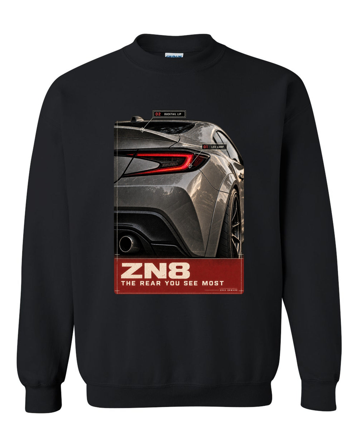 Macro poster-style print of the rear lamp on a Toyota GR86 ZN8 black crewneck front view with the design