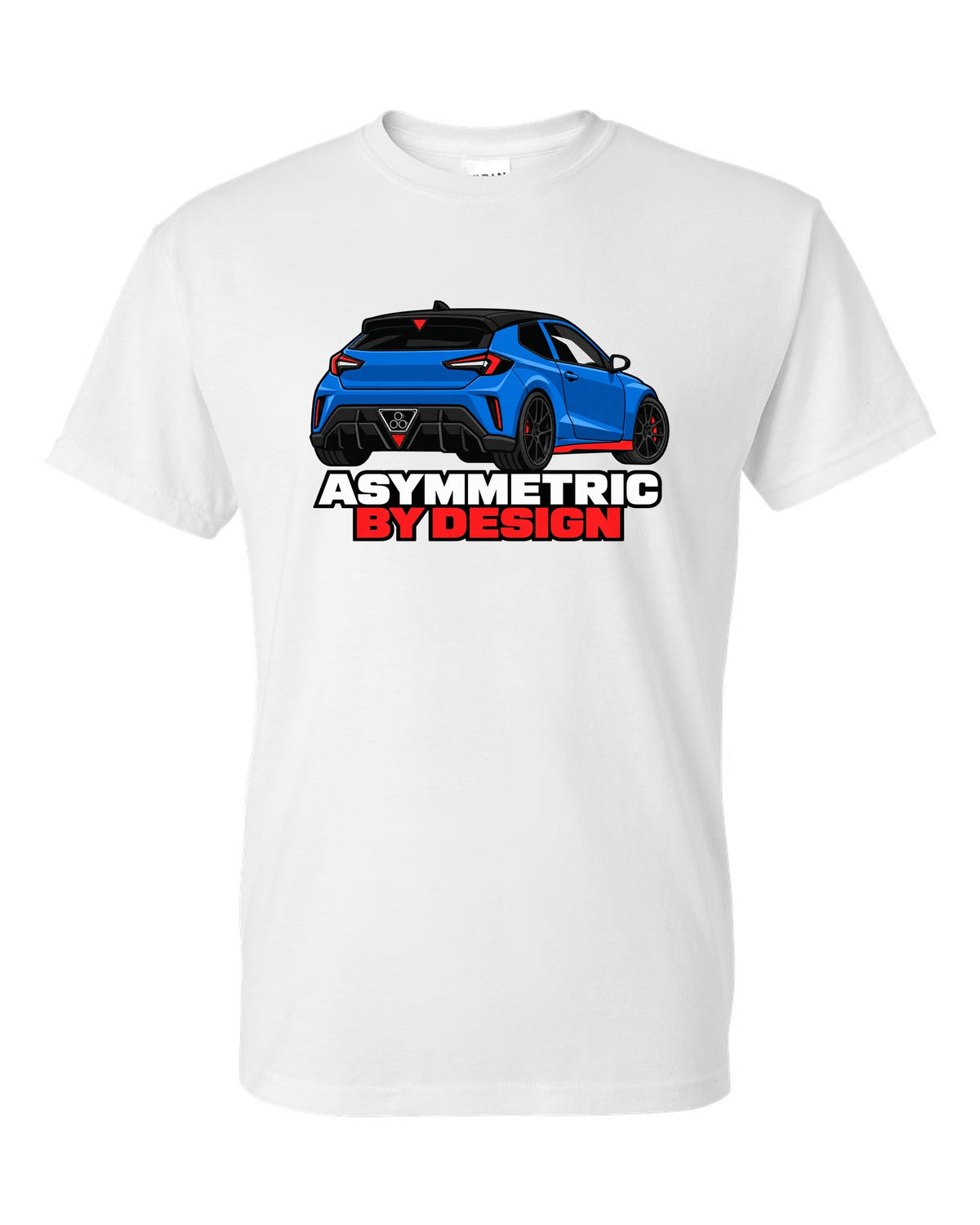 Hyundai Veloster N JS flat vector rear three-quarter print with asymmetric by design text white t-shirt front view with the design