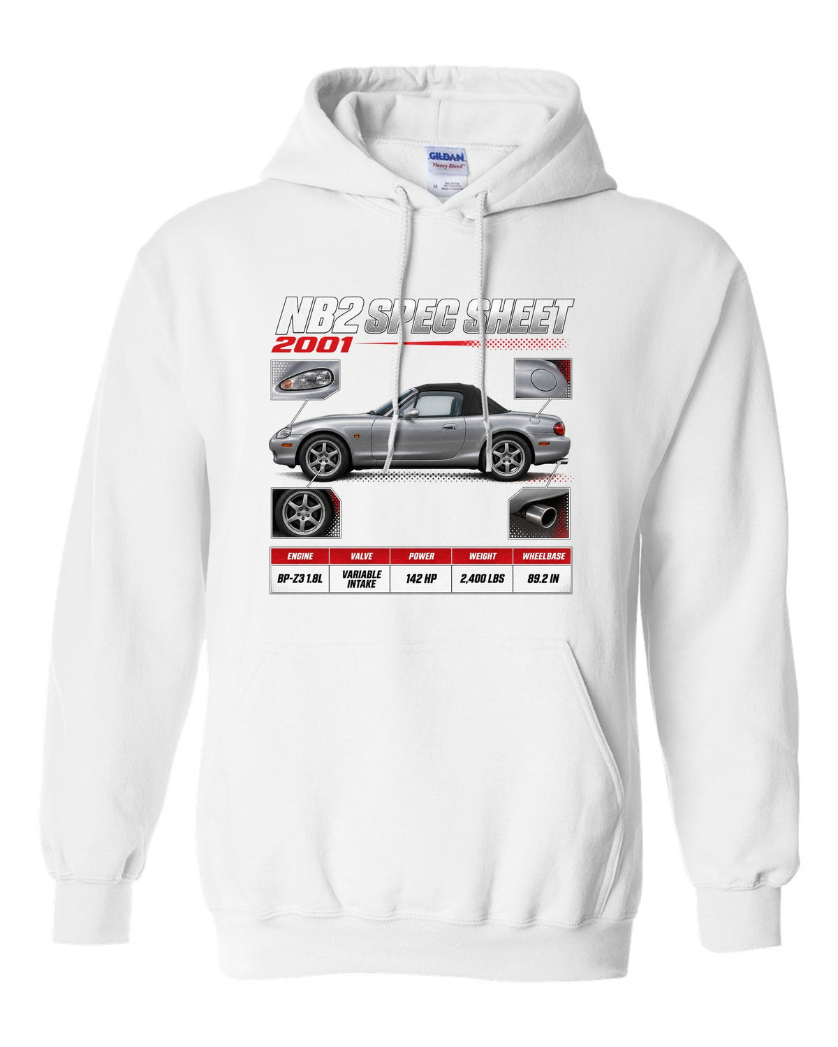 Spec poster print for the 2001 Mazda MX-5 NB2 reading NB2 spec sheet, 2001, variable intake white pull over hoodie front view with the design