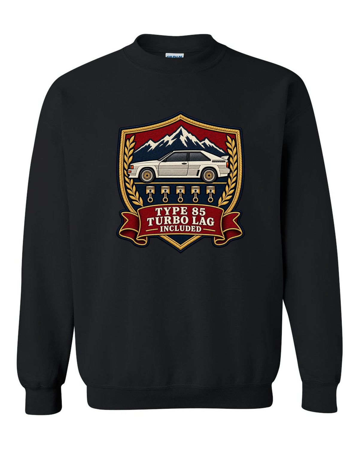 Varsity shield crest print of an Audi Ur-Quattro Type 85 with Turbo Lag Included text black crewneck front view with the design