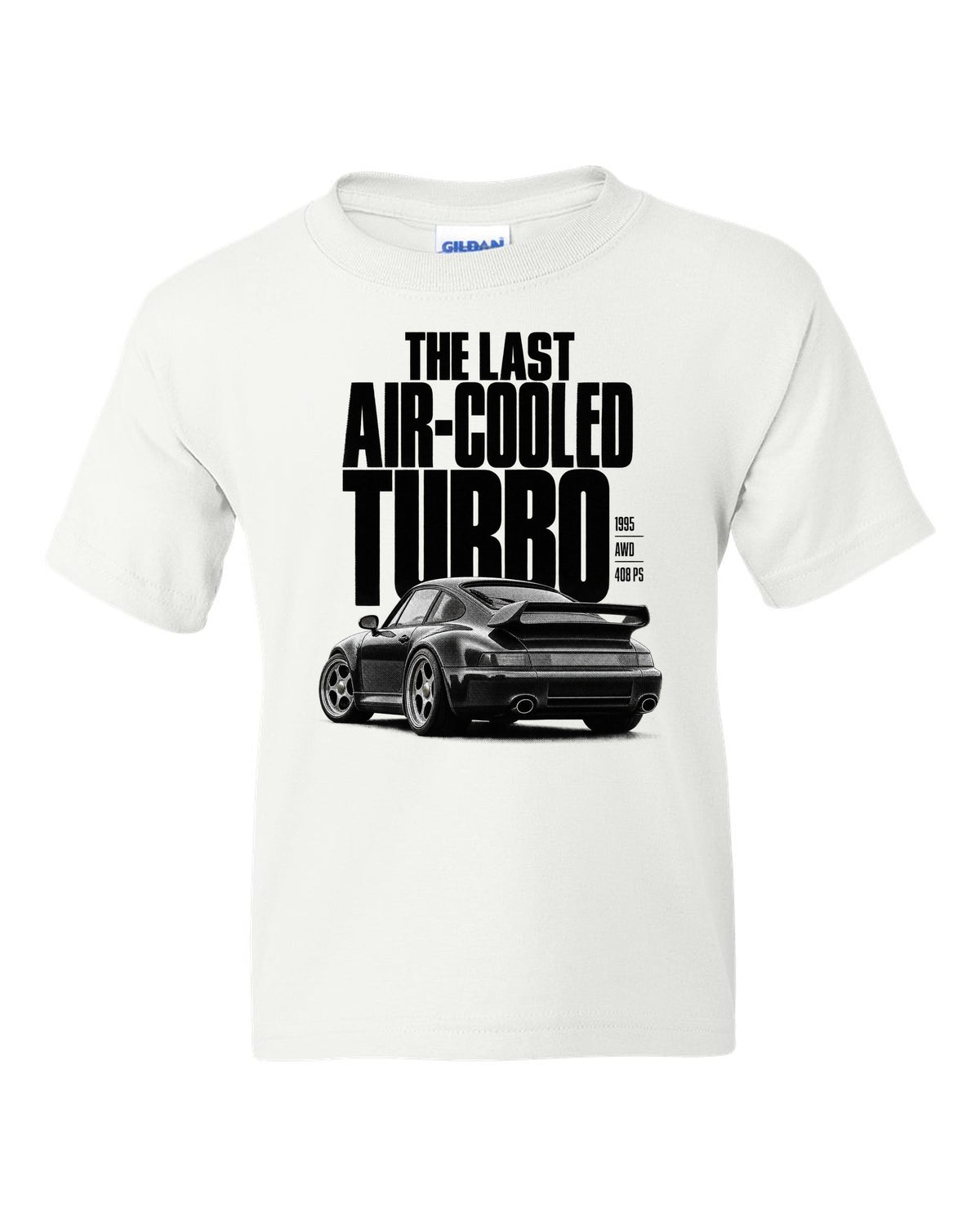 Halftone print of the Porsche 911 Turbo (993) with the line The Last Air-Cooled Turbo white kids tee front view with the design