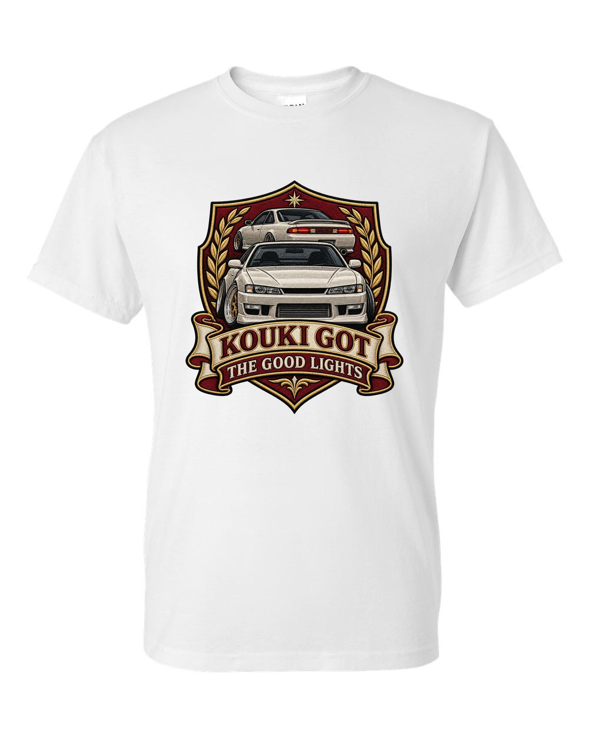 Embroidered shield crest print for the Nissan Silvia S14 kouki reading Kouki Got the Good Lights white t-shirt front view with the design