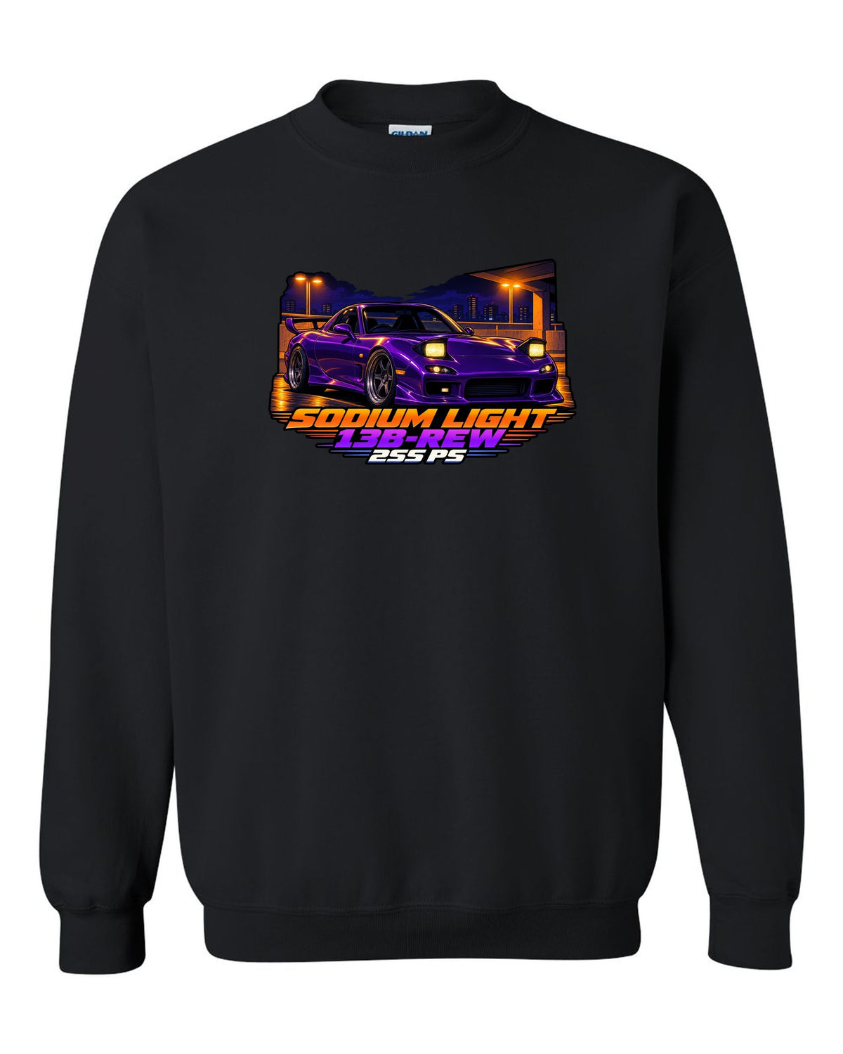 Cel-shaded 90s anime night print of a Mazda RX-7 FD3S with text Sodium Light, 13B-REW, 255 PS black crewneck front view with the design