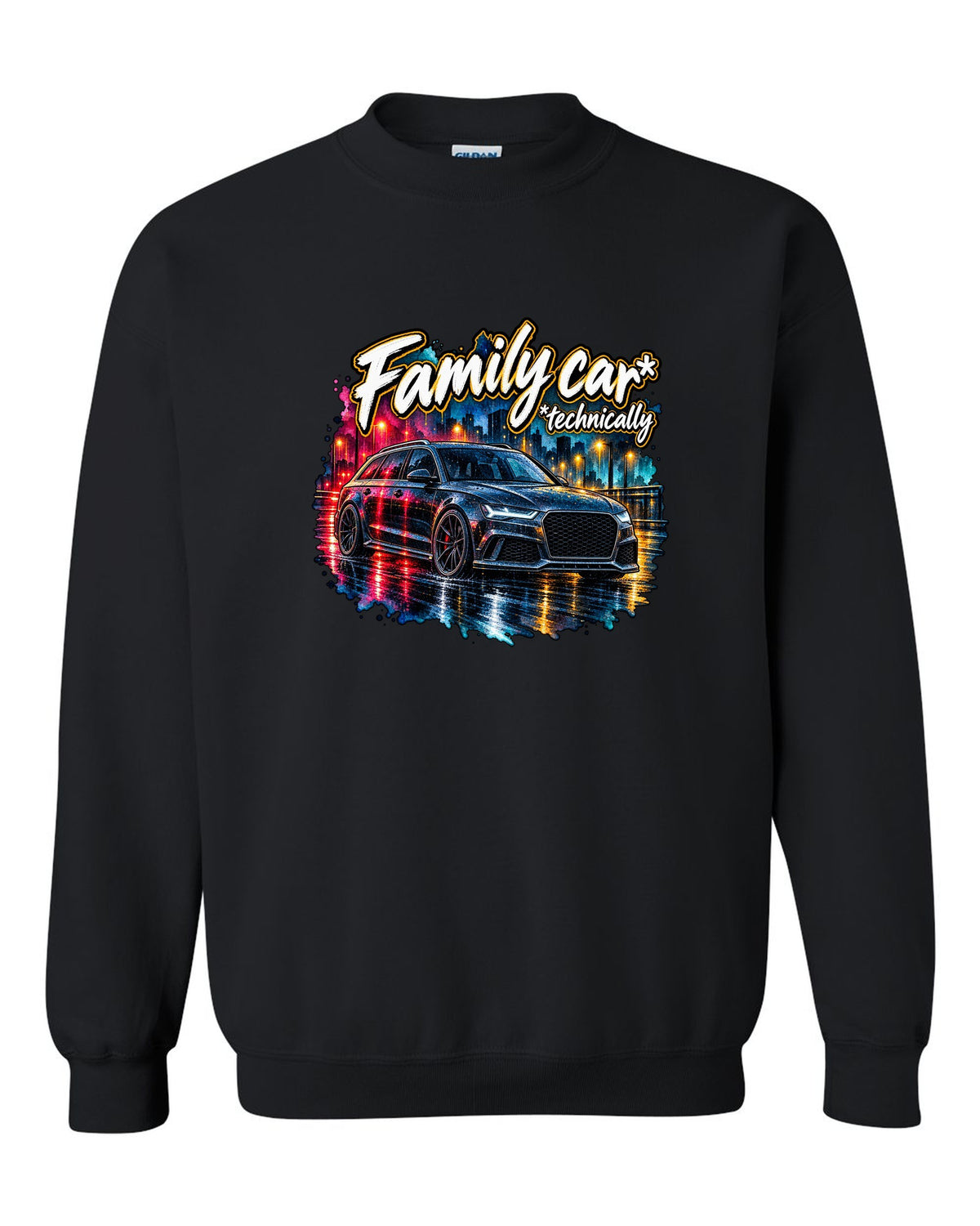 Watercolour wet-road night design of the Audi RS6 Avant C7 4G with family car technically lettering black crewneck front view with the design