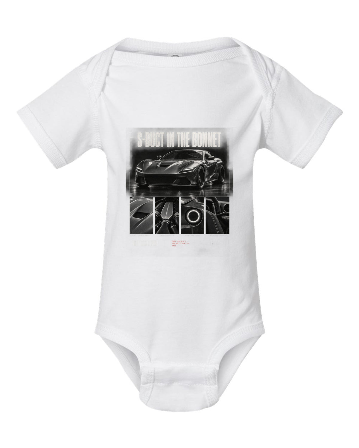 Dossier panel print of a Ferrari F8 Tributo with S-duct in the bonnet and 720 PS text white baby onesie front view with the design