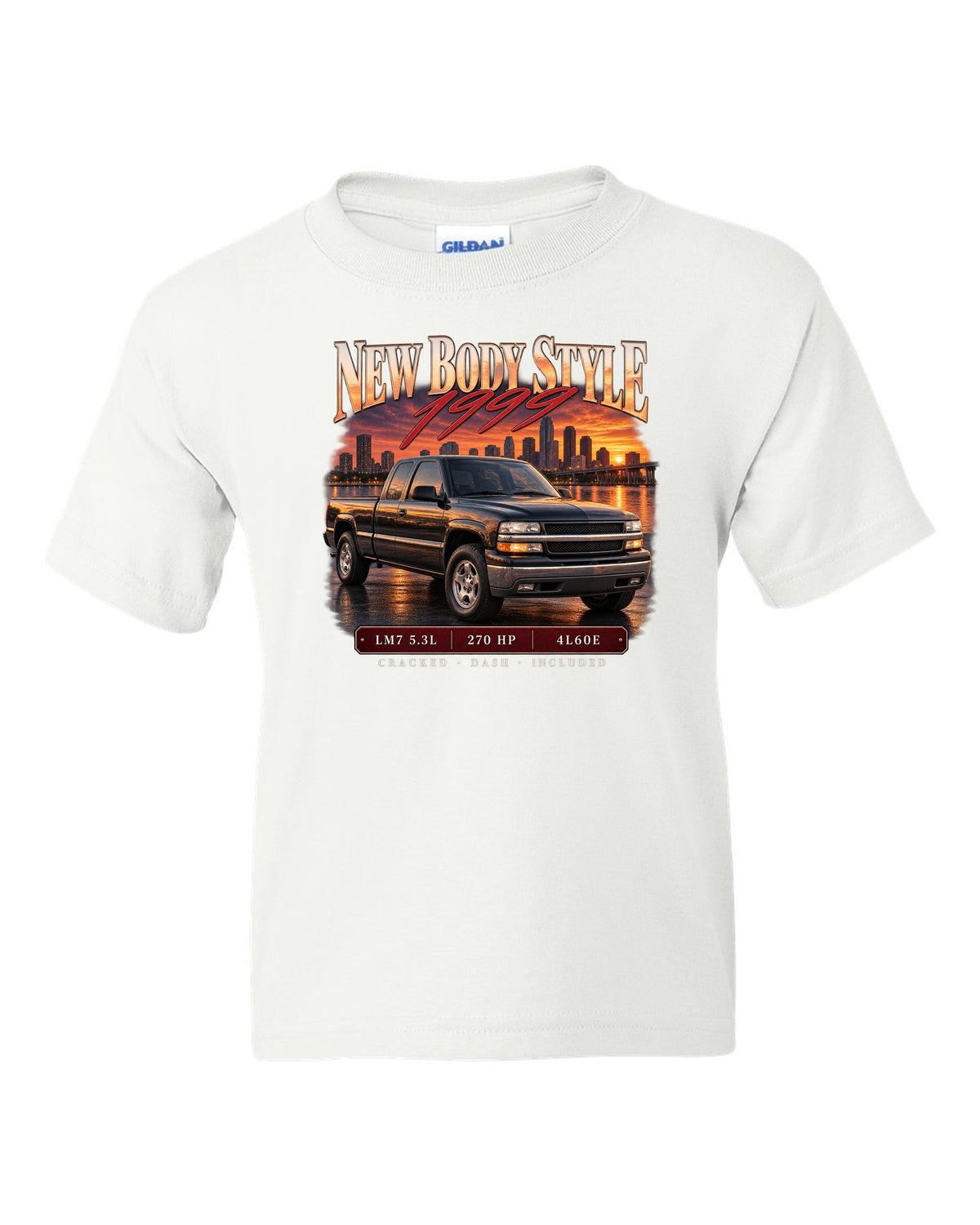 Archive panel print of a 1999-2006 Chevrolet Silverado GMT800 with LM7 5.3L text white kids tee front view with the design