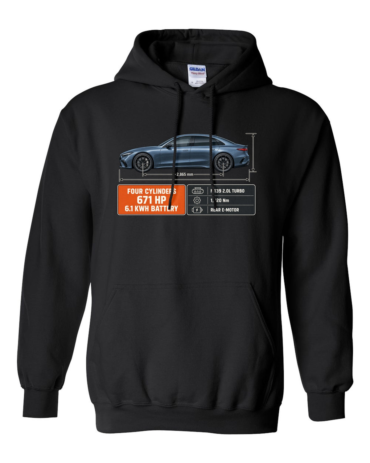 Mercedes-AMG C63 S E Performance W206 blueprint with dimension lines black pull over hoodie front view with the design