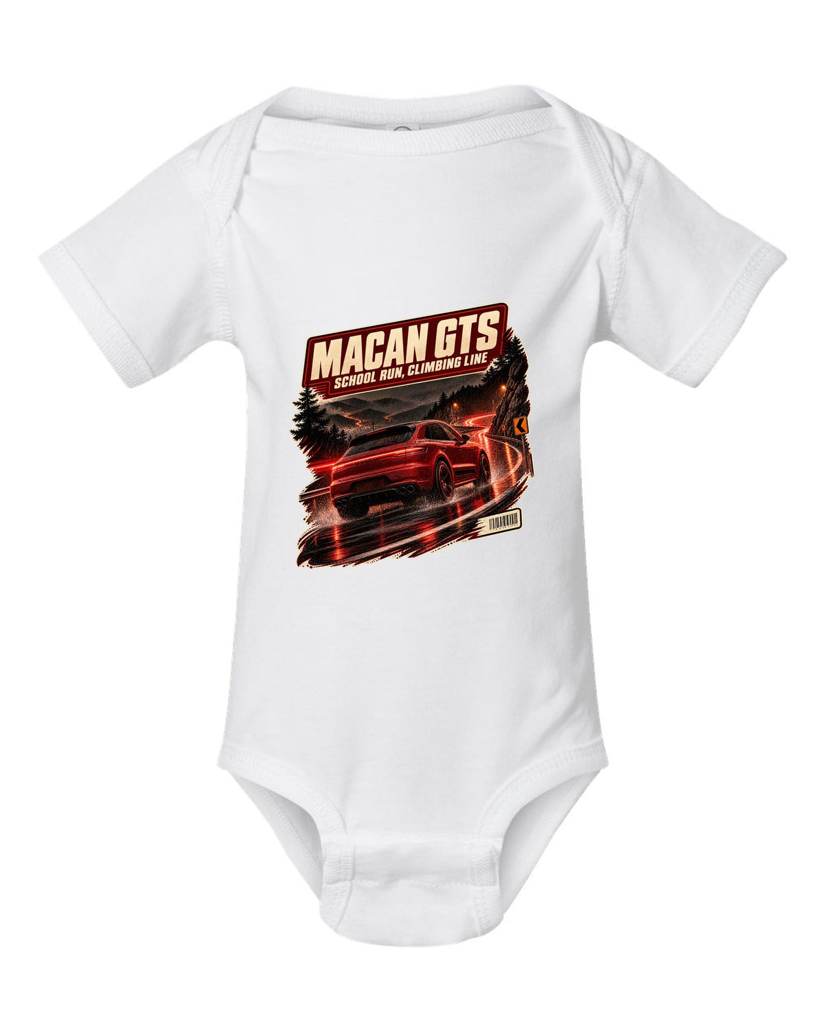 Wet mountain road print of a low front three-quarter Porsche Macan GTS 95B white baby onesie front view with the design