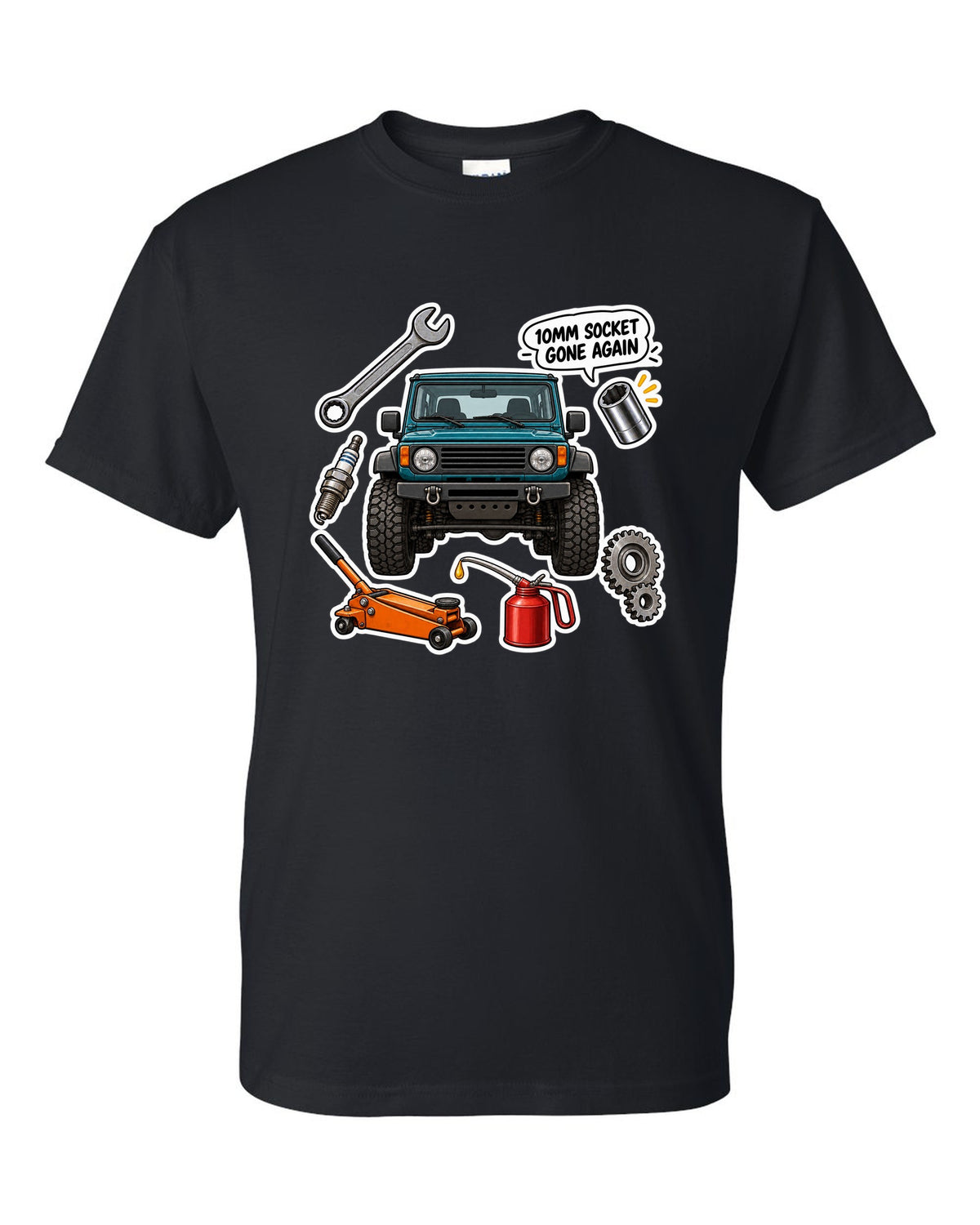Jeep Wrangler TJ sticker bomb collage design with 10mm socket gone again text black t-shirt front view with the design