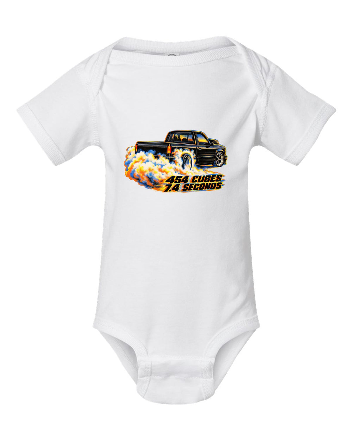 Risograph burnout smoke print of a 1990-93 Chevrolet 454 SS pickup with 454 cubes text white baby onesie front view with the design