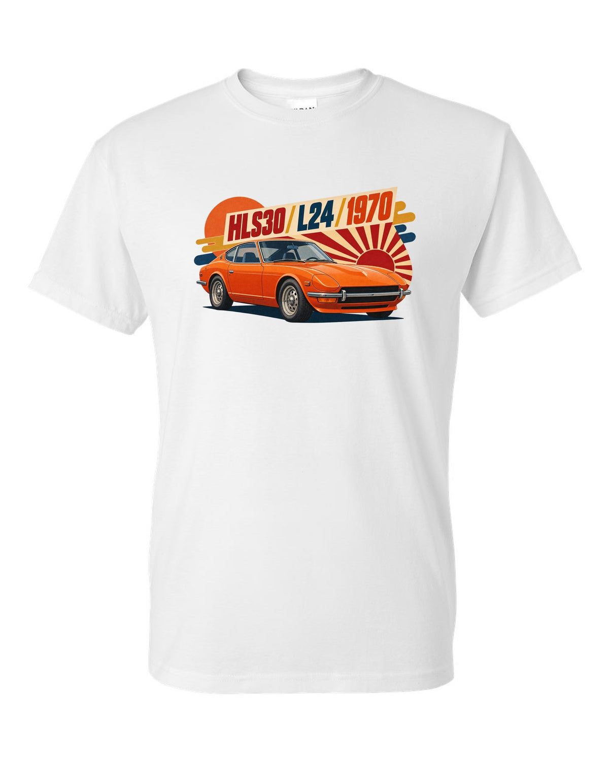 Retro Japanese showa catalogue ad of a 1970 Datsun 240Z HLS30 with L24 lettering white t-shirt front view with the design