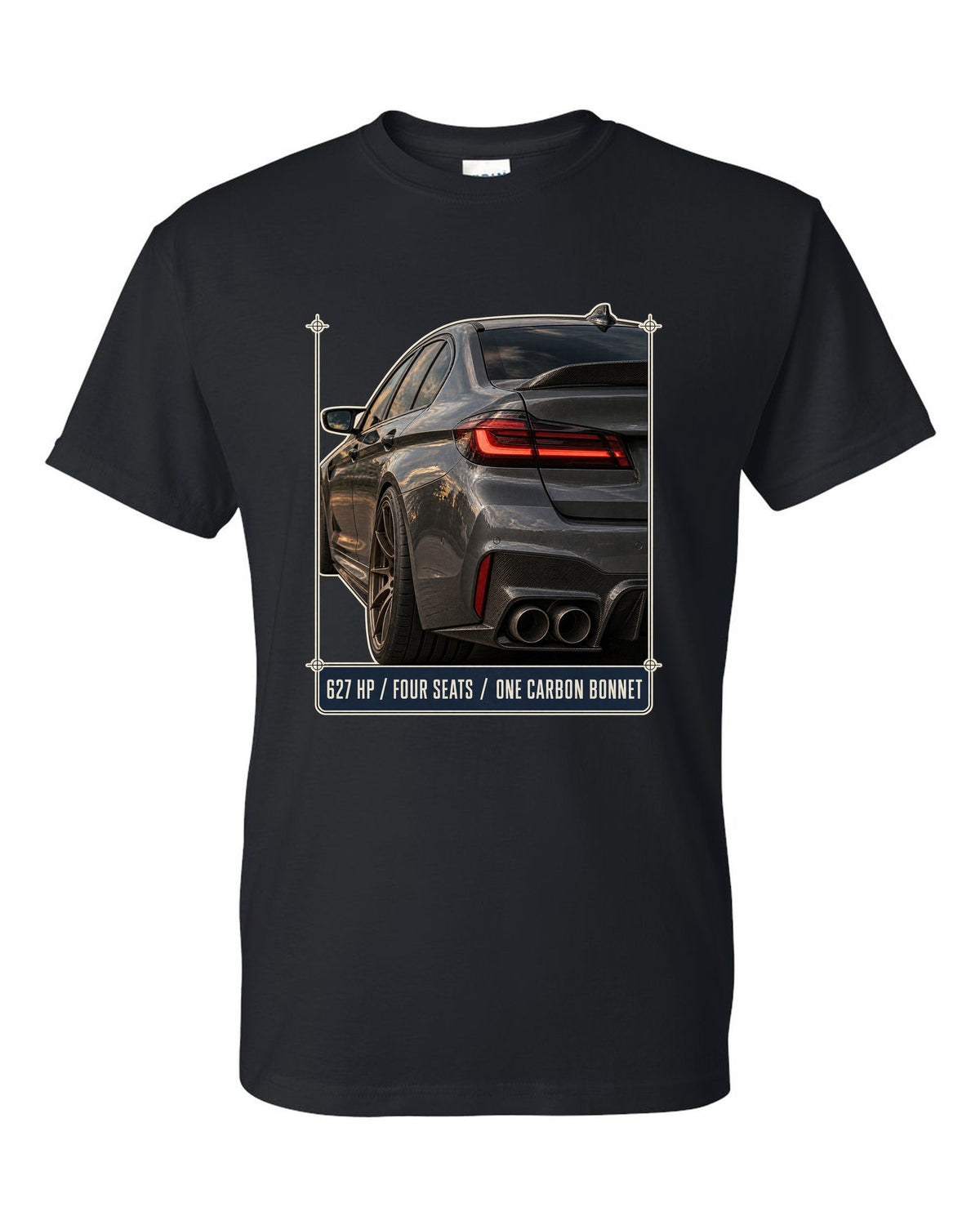 BMW M5 F90 CS taillight macro print with 627 HP, four seats and carbon bonnet text black t-shirt front view with the design