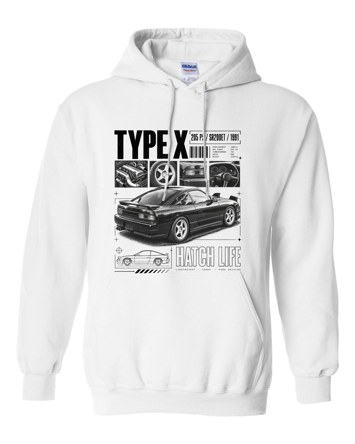 Dossier panels of a Nissan 180SX Type X with 205 PS, SR20DET and 1991 lettering white pull over hoodie front view with the design