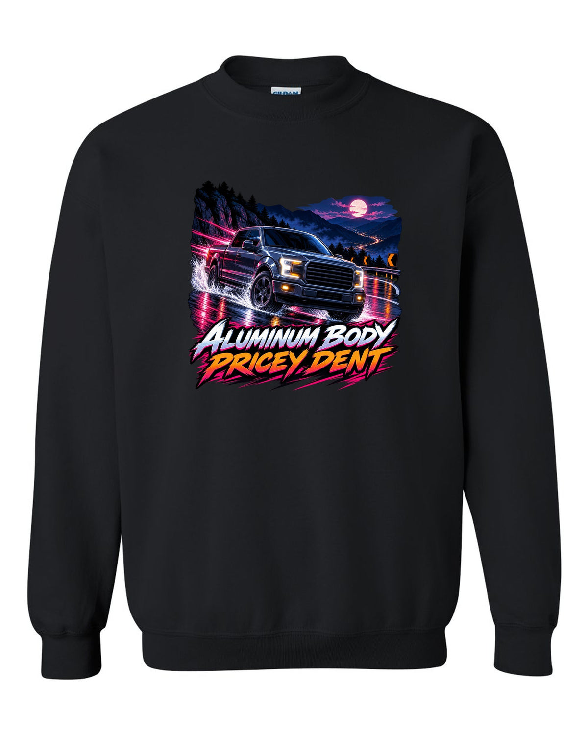 Cel-shaded anime night mountain pass print of a 2015-20 Ford F-150 P552 truck black crewneck front view with the design