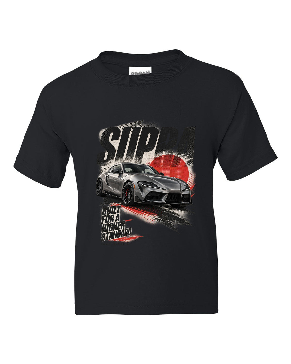 Interior cockpit and gauge view of the Toyota GR Supra A91-MT with rev-match text black kids tee front view with the design