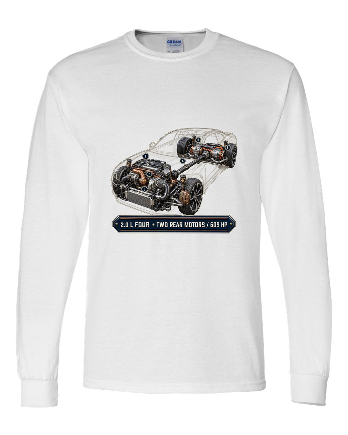 Polestar 1 hybrid drivetrain illustration, engine hero print white long sleeve front view with the design