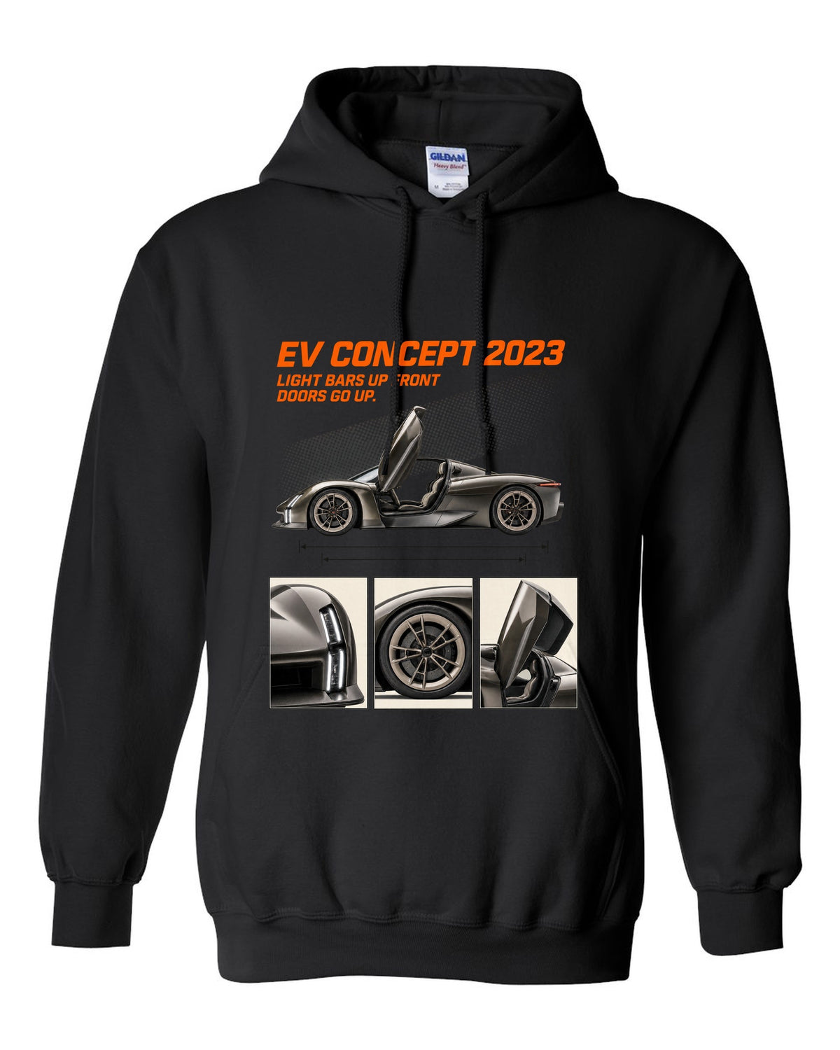 Porsche Mission X electric concept dossier panels print design black pull over hoodie front view with the design