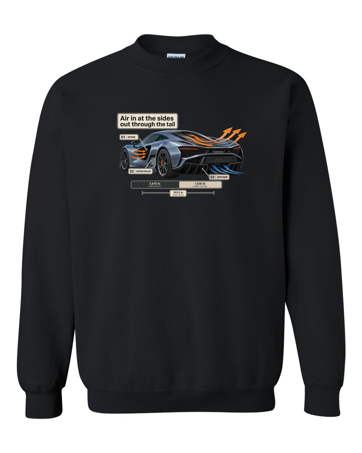 Aero cutaway print of a 2019 Acura NSX NC1 with airflow callouts black crewneck front view with the design