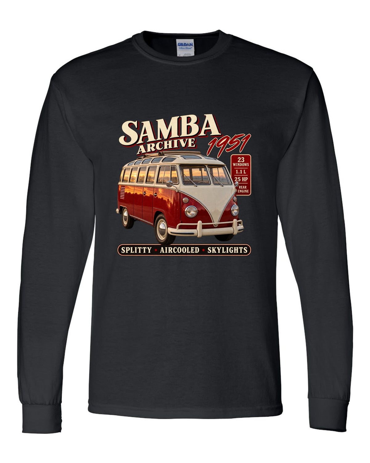 Archive panel print of a VW T1 Samba bus front three-quarter with 23 windows text black long sleeve front view with the design