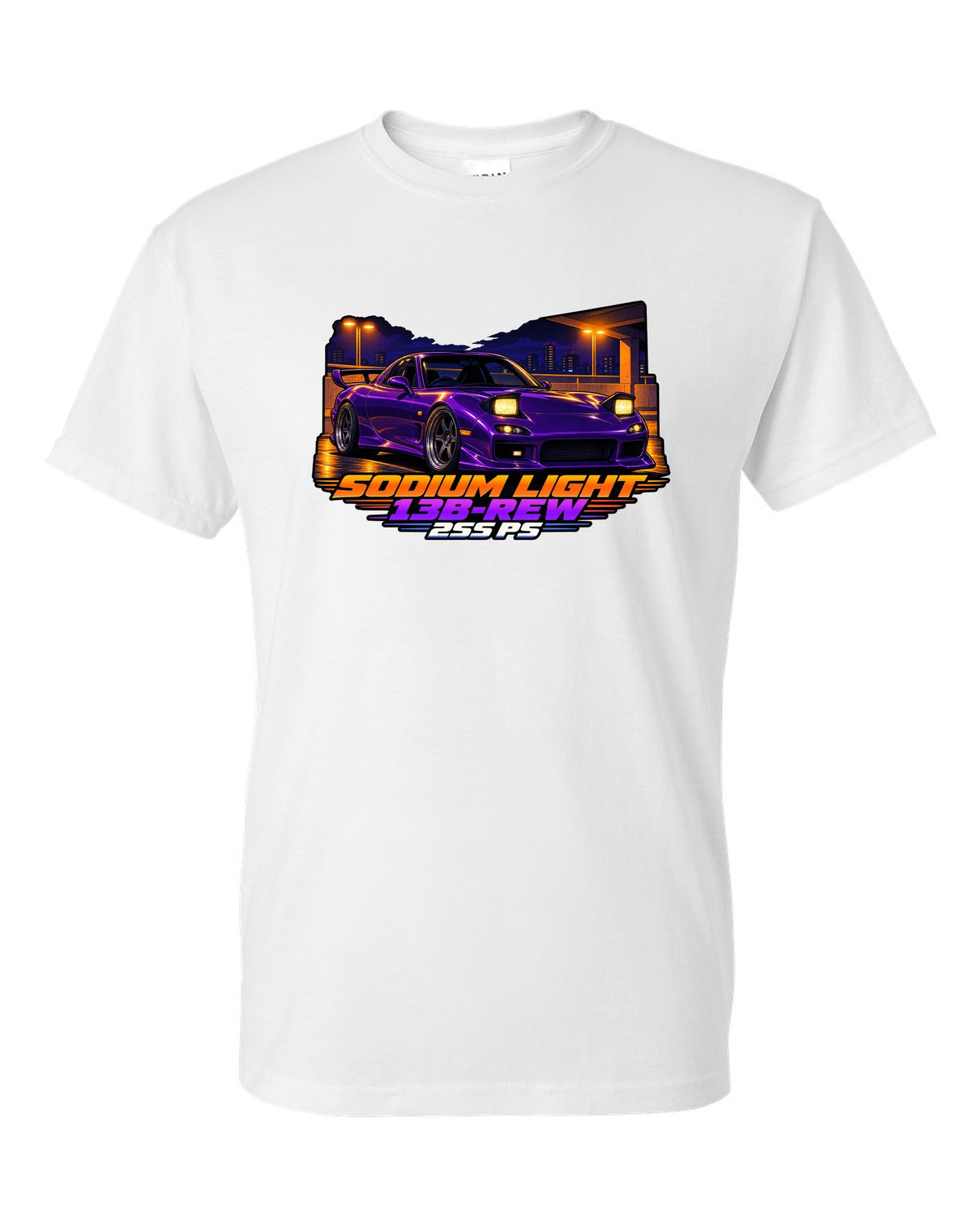 Cel-shaded 90s anime night print of a Mazda RX-7 FD3S with text Sodium Light, 13B-REW, 255 PS white t-shirt front view with the design